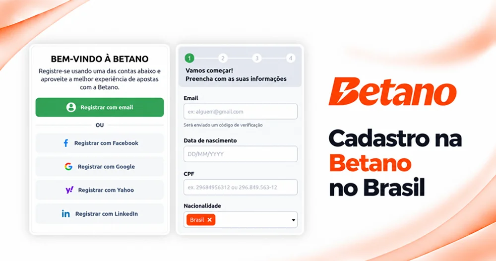 Tela de cadastro da Betano no Brasil com opções por e-mail e redes sociais