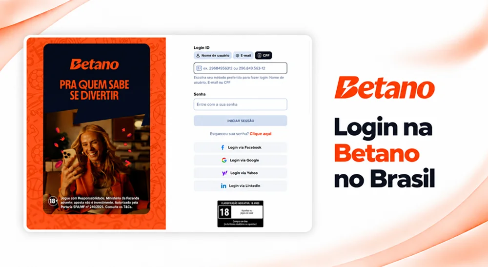 Tela de login da Betano no Brasil com acesso por nome de usuário, e-mail ou CPF
